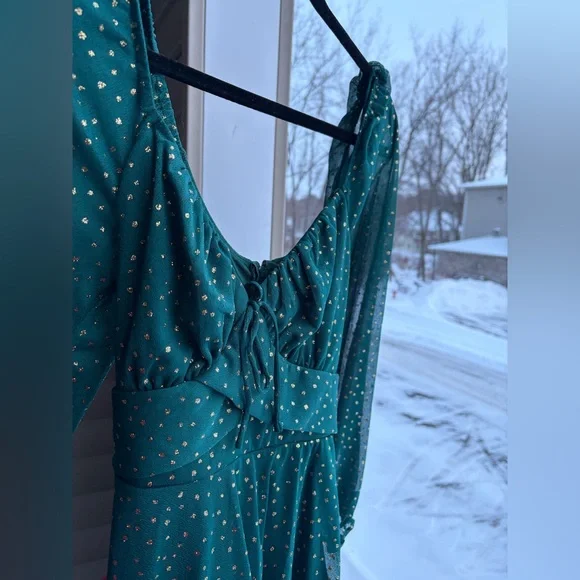 🆕 ✨ Midnight Doll Green Gold Dotted Mini Dress M Tie Party Holiday Chic Size M - Picture 7 of 15